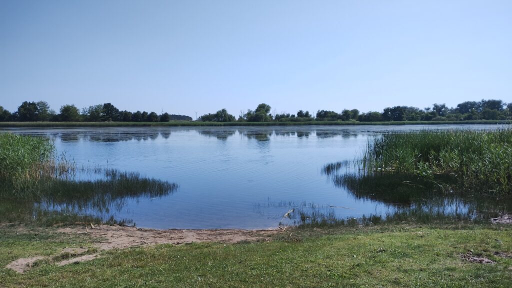 Badestelle an einem See bei sonnigem Wetter